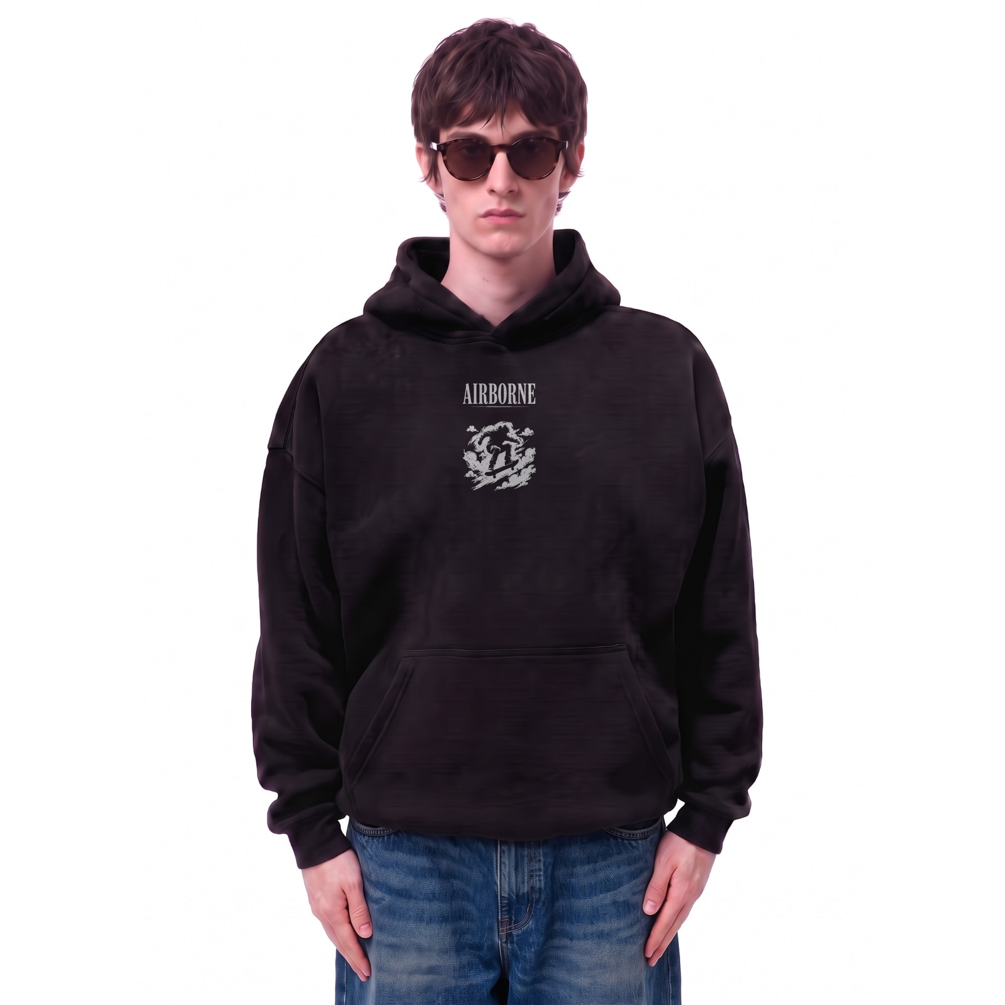 Airborne Distressed Graphic Oversize Oversize Fleeced Hoodie — Cover · Black