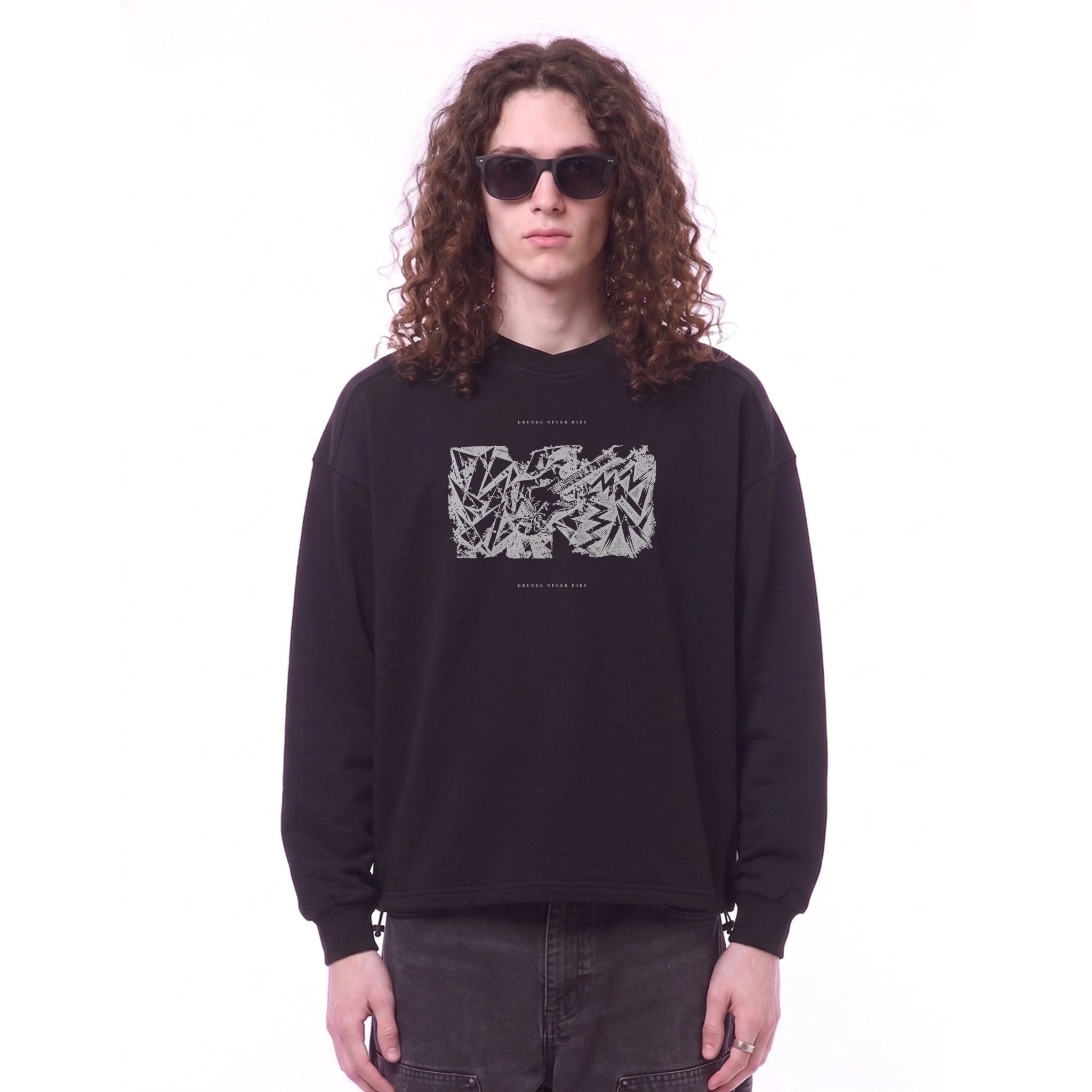Grunge Never Dies Distorted Crew Sweatshirt — Cover · Black