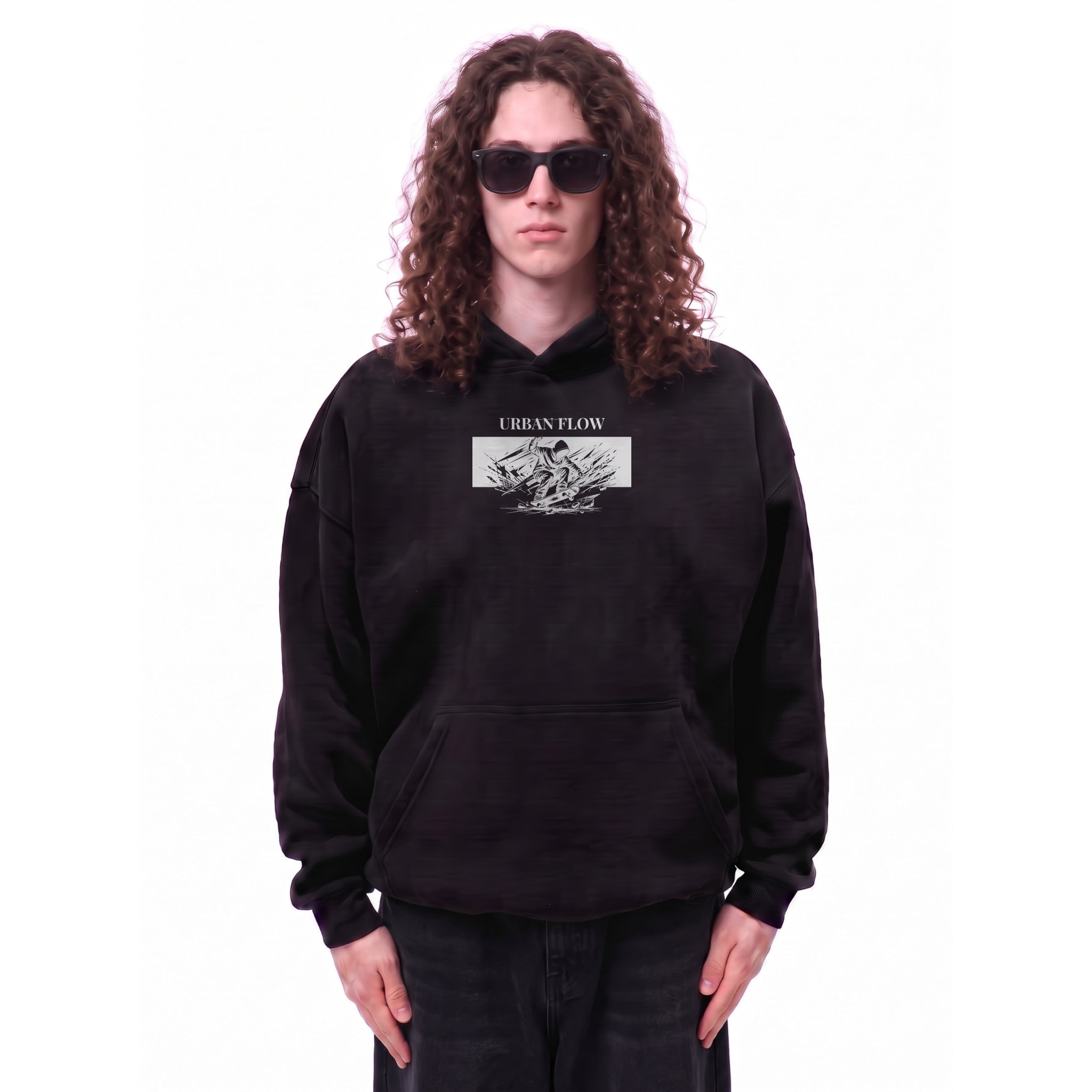 Urban Flow Motion Sketch Oversize Fleeced Hoodie — Cover · Black