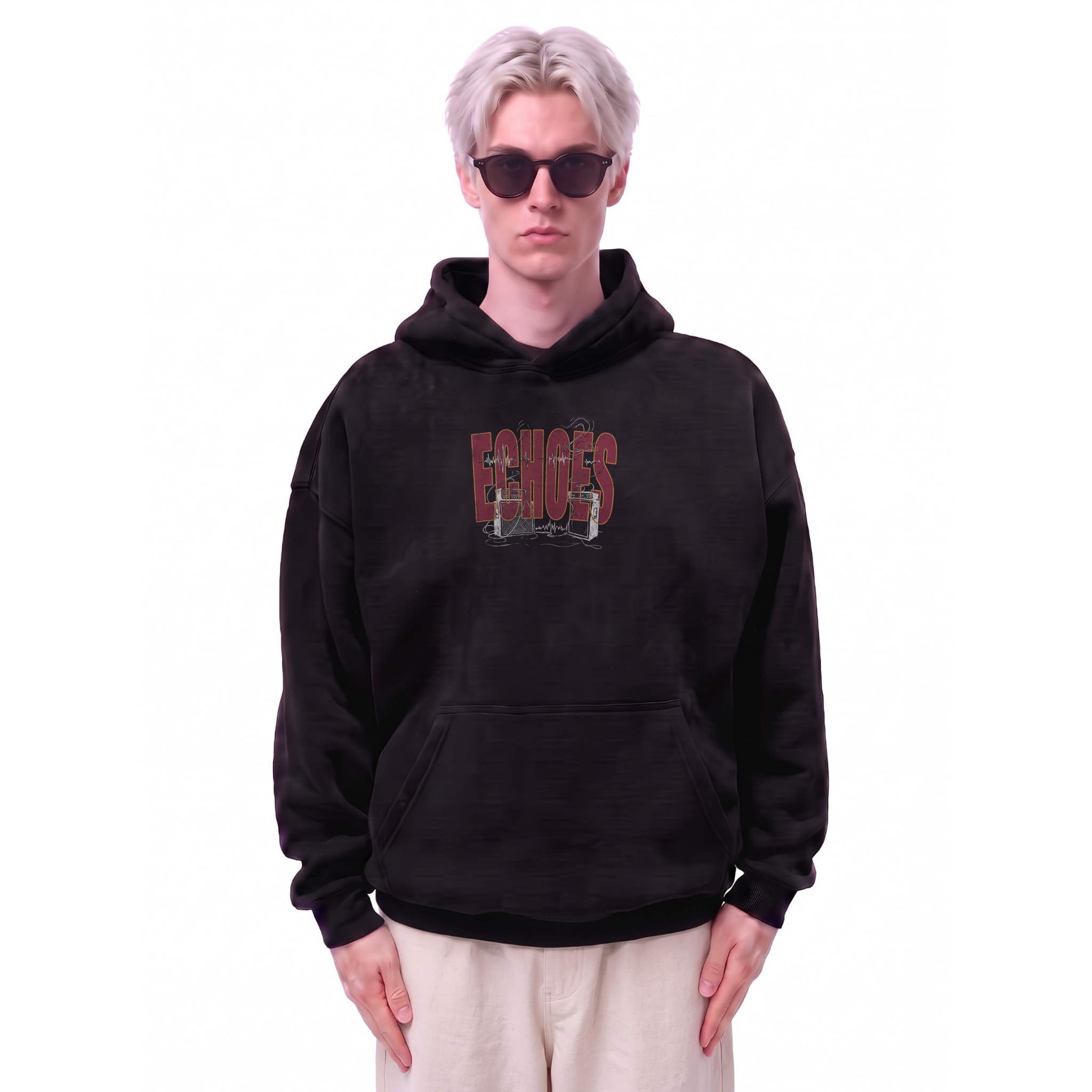 Echoes Vintage Amp Graphic Oversize Fleeced Hoodie — Cover · Black