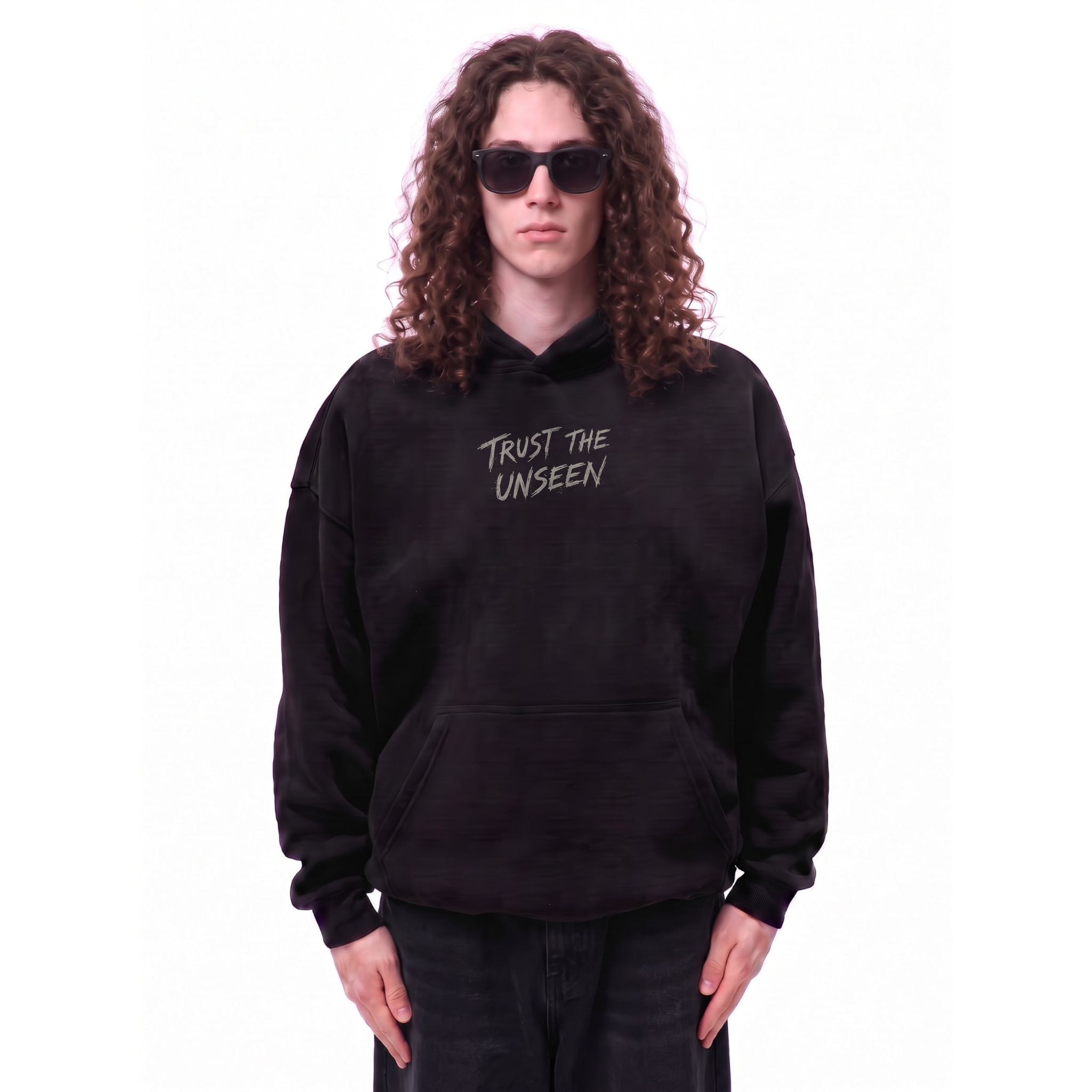 Trust the Unseen Graphic Oversize Fleeced Hoodie — Cover · Black
