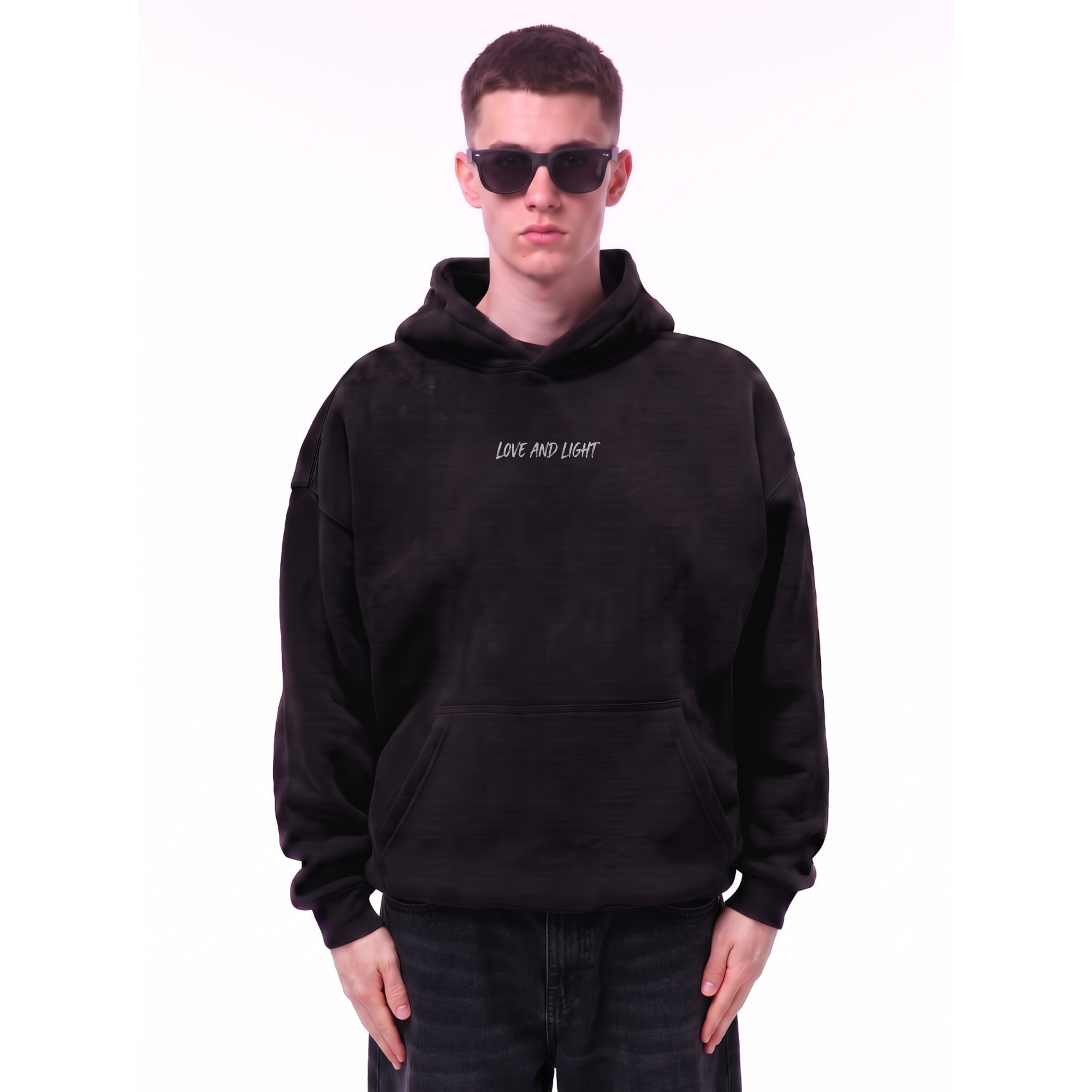 Love and Light Typography Oversize Oversize Fleeced Hoodie — Cover · Black