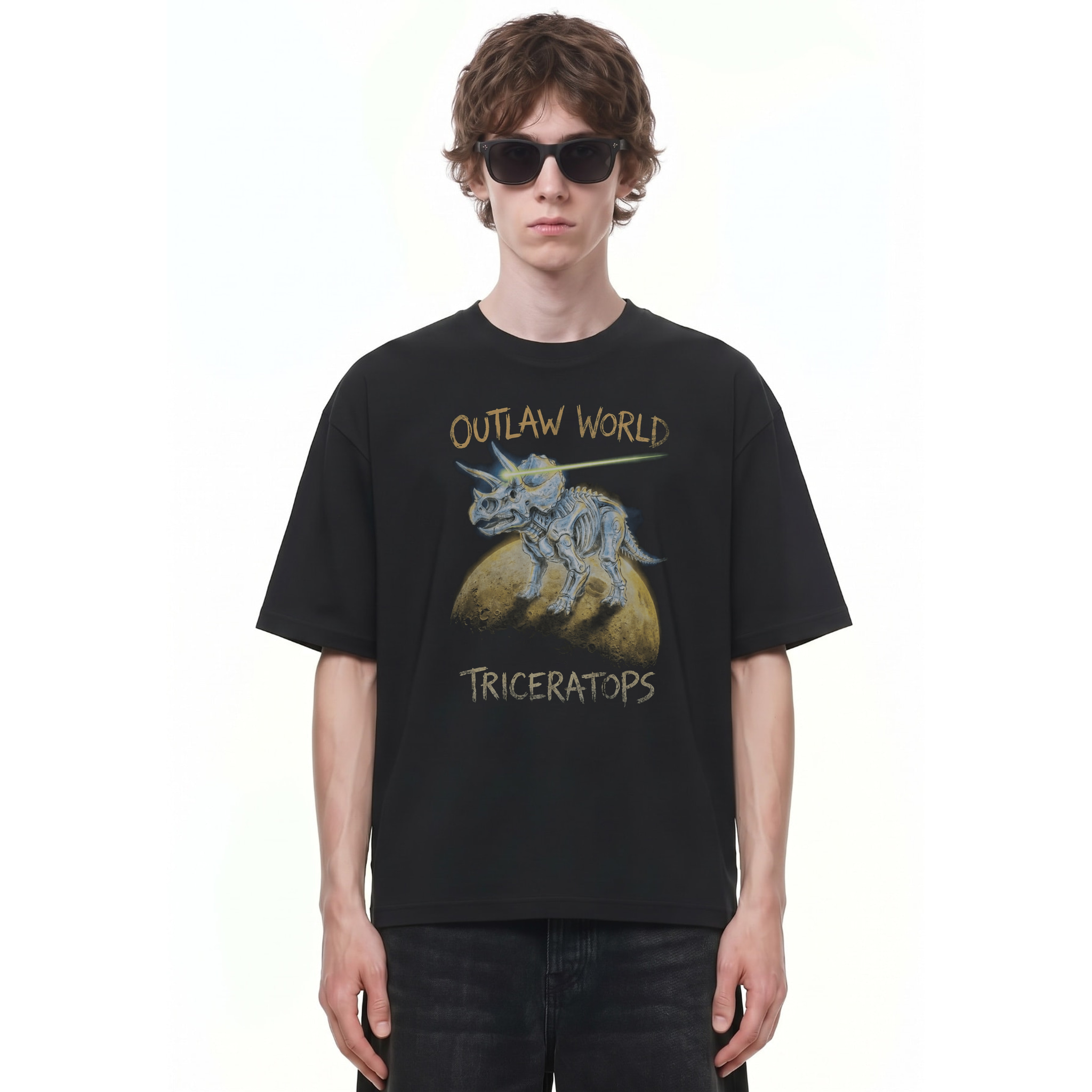 Outlaw World Triceratops Graphic Tee — Cover · Black